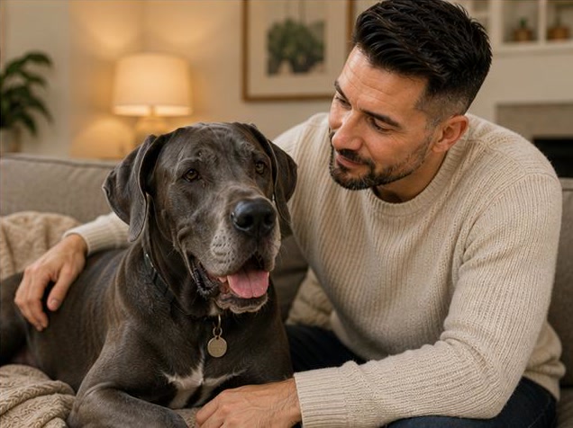 Gerard with a large Great Dane resting at home